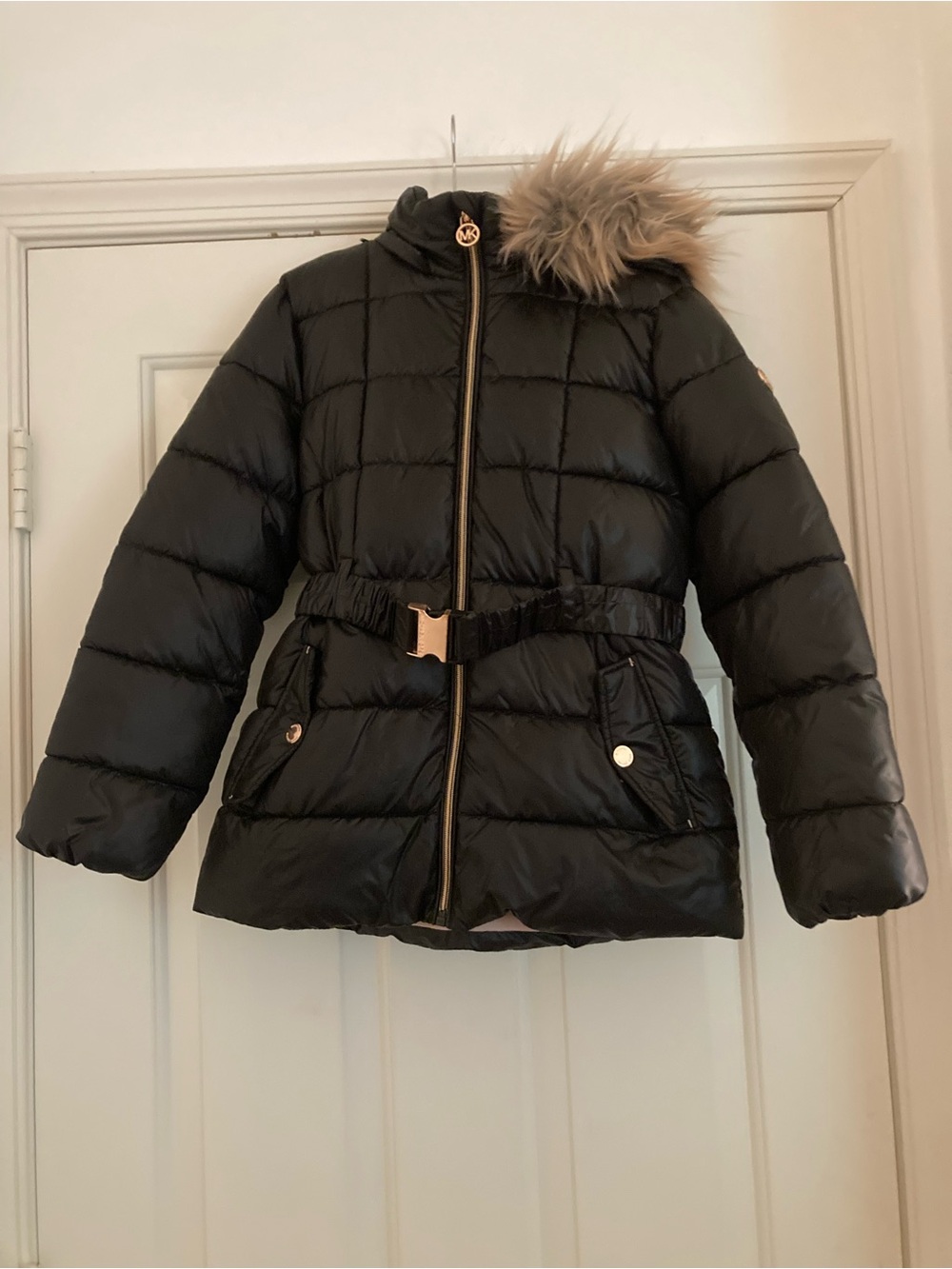 Michael Kors Black Quilted Girls' Puffer Coat with Faux-Fur Trim